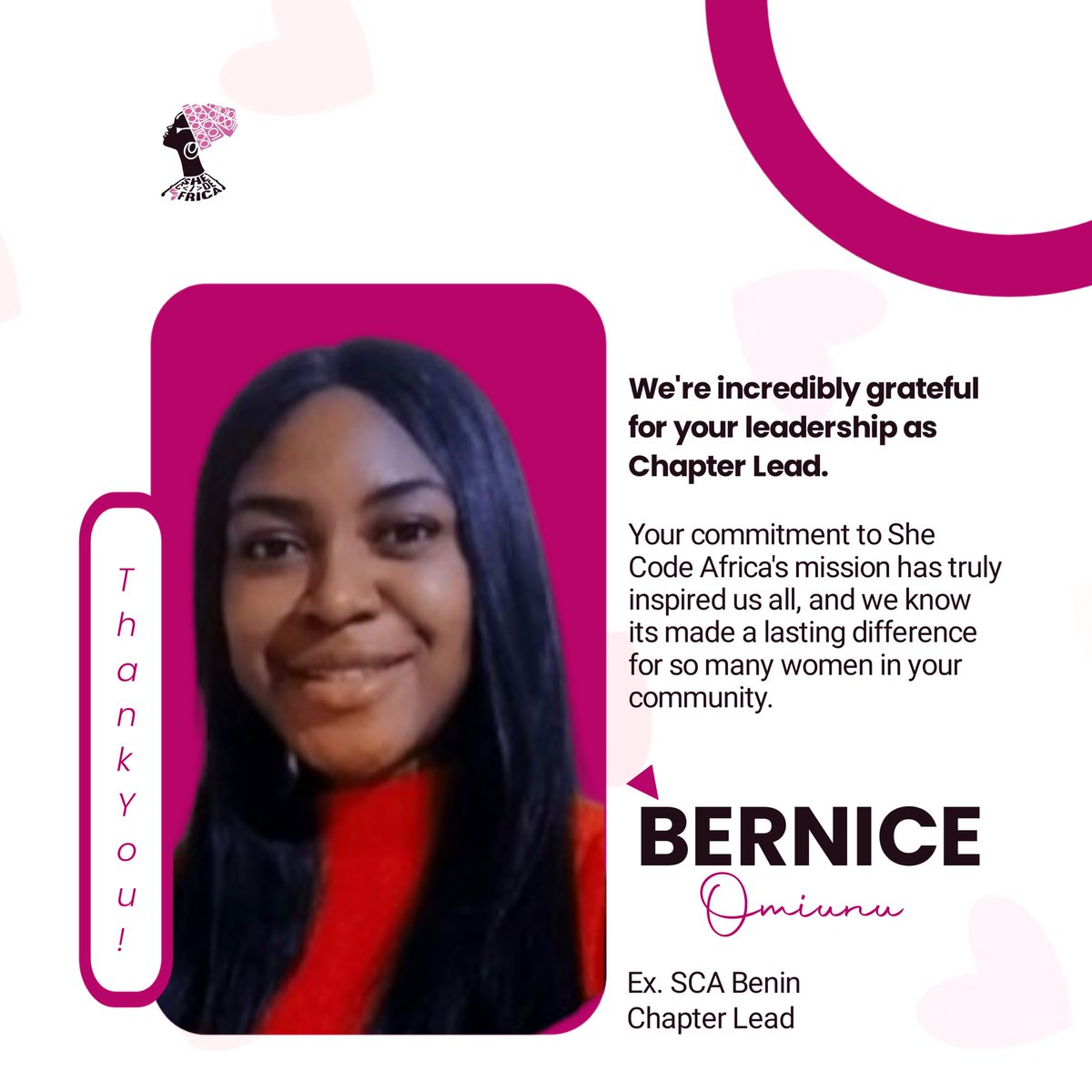 Hey Queens! Join us in saying a big big thank you to the amazing Bernice Omiunu Ex.SCA Benin Chapter Lead 👏👏👏 Thank you for all you’ve done and your commitment to She Code Africa’s mission! Thank you for inspiring us all, and we know it has made a lasting…
