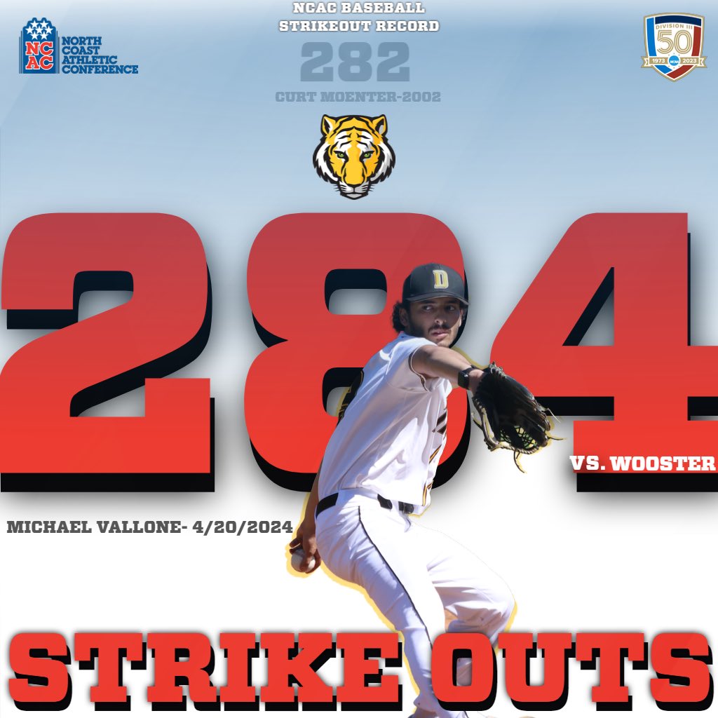 🚨NCAC Record Breaking Performance! On Saturday, @DePauwBaseball pitcher Michael Vallone broke the NCAC strikeout record of 282, previously held by Ohio Wesleyan’s Curt Moenter (1999-2002). Vallone now has 284! #TeamDePauw #d3baseball