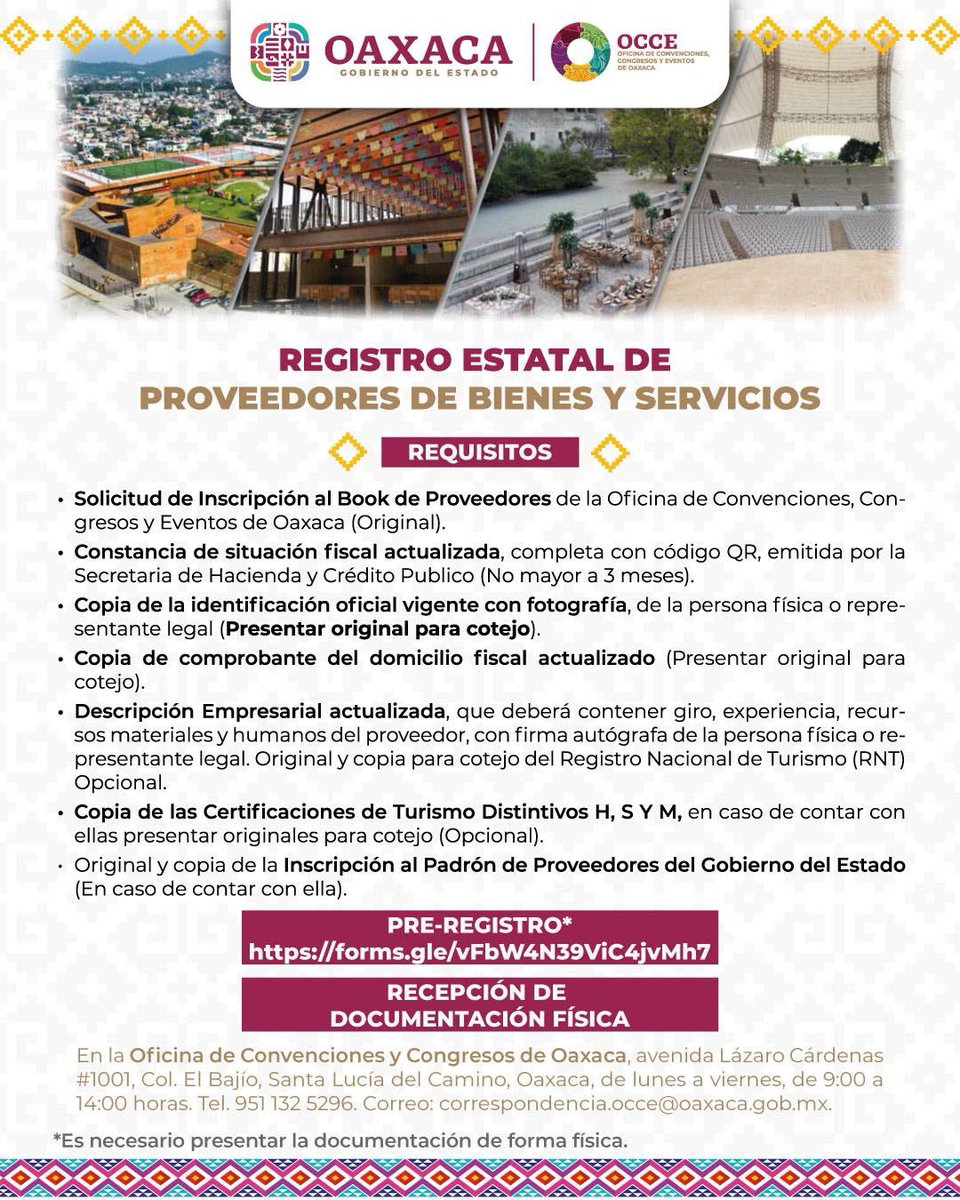 La Oficina de Convenciones y Visitantes de Oaxaca #OCCE, invita a formar parte del Book de Proveedores (Registro Estatal de Proveedores de Bienes y Servicios), un catálogo de proveeduría especializada en materia de #TurismoDeReuniones y #TurismoDeRomance.