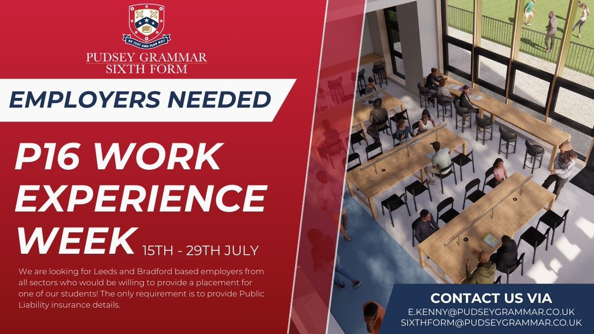Can you offer our students a work placement? 👷‍♀️💼 In July, year 12 will be undertaking a work placement week with employers across Leeds and Bradford. If you think you/ your company could offer a student an enriching work experience please do not hesitate to get in contact! 📞