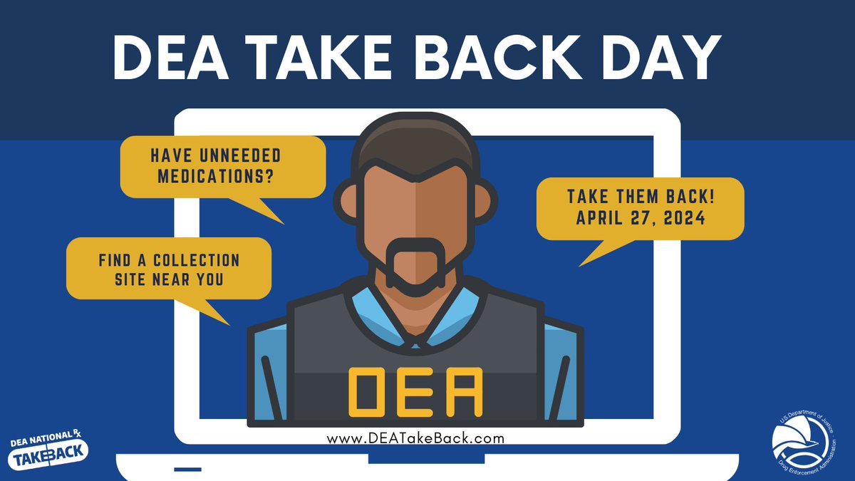 Mark your calendars! #DEA #TakeBackDay is this Saturday, April 27th from 10am-2pm local time! This free event is for #Florida communities to safely dispose of expired, unused, & unneeded prescriptions & medications. Find a location near you: bit.ly/35JM1tL