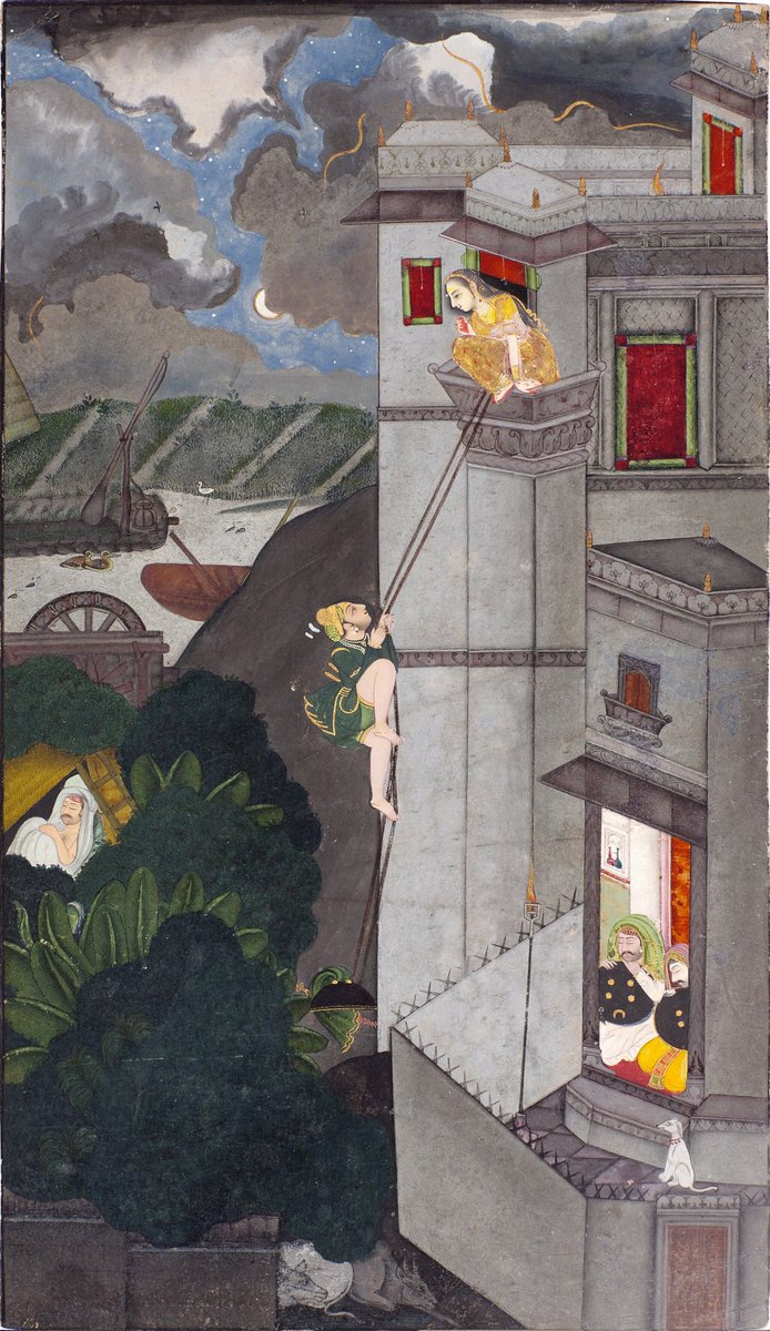c1760 CE painting from #Bundi #Rajasthan to be auctioned by @Sothebys on April 24 A warrior climbs a fortress to meet his lover as guards sleep while a storm approaches Lovers reuniting for a clandestine tryst is a popular subject in Kota & Bundi painting from the 18th century
