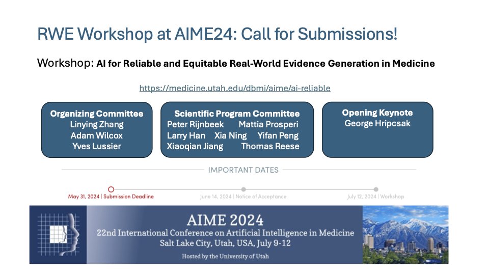Call for Submissions to the AI for Reliable and Equitable Real-World Evidence Generation in Medicine Workshop #AI #RWE at the 22nd International Conference on AI in Medicine (#AIME). Check out the workshop here: medicine.utah.edu/dbmi/aime/ai-r… @WashUi2db @yveslussiertrpt