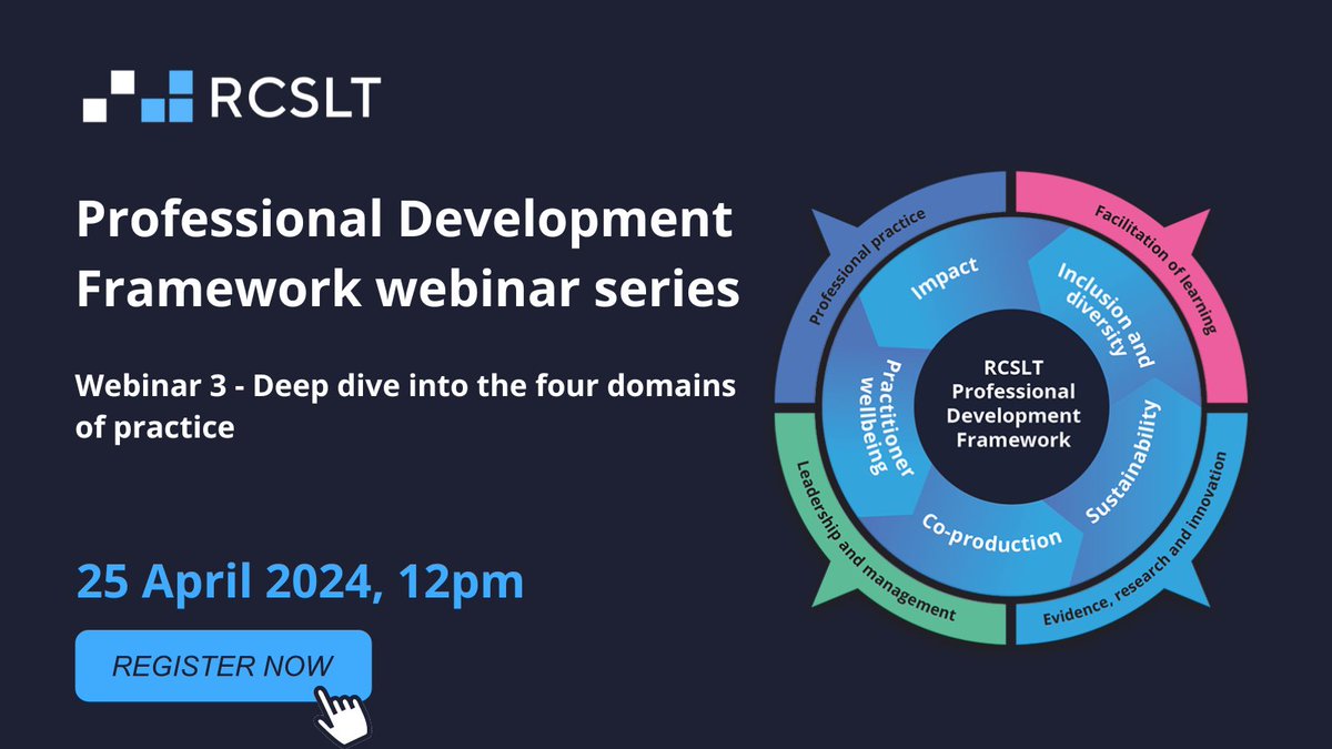 RCSLT's tweet photo. Don’t miss out! Secure your place at our webinar this Thursday to find out how the #RCSLTProfDev framework can help you https://t.co/ZgkOoAwRFh

#SLPeeps #WeAHPs #NMAHPs #cpd4slts
@RCSLTLearn @RCSLTResearch @RCSLTPolicy @RCSLTWales @rcsltscot @RCSLTNI @SuzanneRastrick https://t.co/MuoBmHVsRK