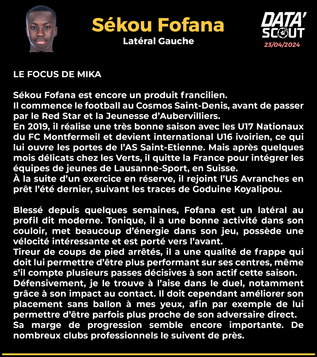 DataScout_'s tweet photo. 🇫🇷 Focus National #3

🇨🇮 🇫🇷Sékou Fofana, 21 ans, Avranches (prêté par Lausanne Sport), Latéral Gauche

Un joueur qui monte et que de nombreux clubs professionnels surveillent 👀

Bilan data et avis de @Michael_Michee 👇 https://t.co/BuvKSVRY3q