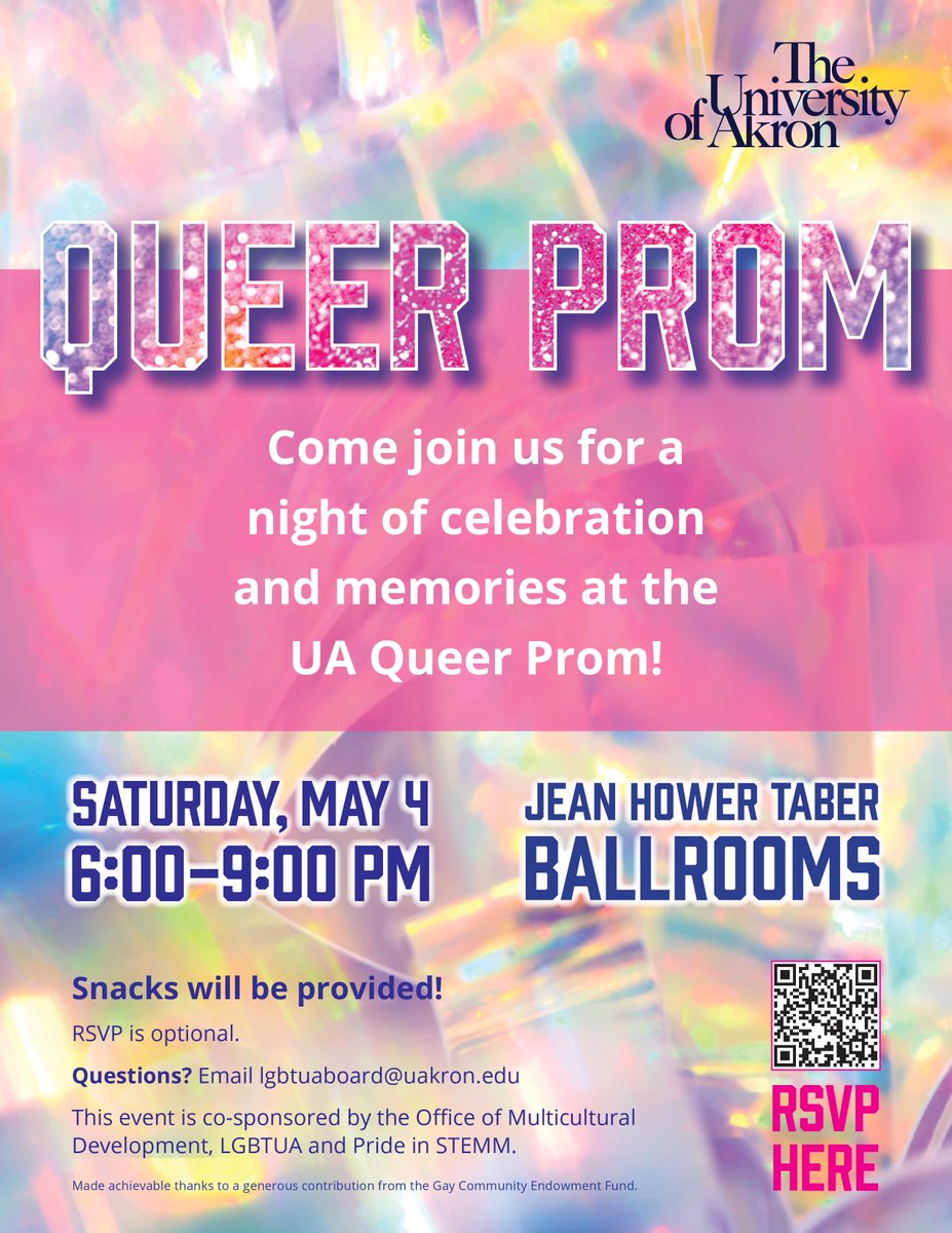 Exciting news!
OMD, LGBTUA, and Pride in STEMM are co-sponsoring a queer prom on Saturday, May 4. We are so excited for the dancing, snacks, and photos that will take place. Send in your RSVPs and get ready to celebrate the night away! 🎉