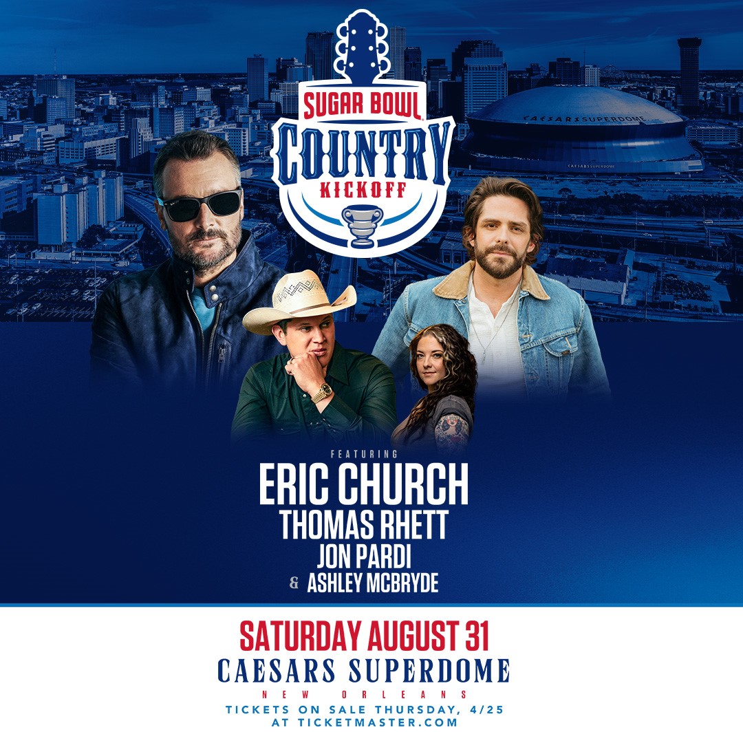 PRESALE IS LIVE! Sugar Bowl Country Kickoff feat. Eric Church · Thomas Rhett · Jon Pardi · Ashley McBride · Aug 31 · Caesars Superdome · USE CODE: GUITAR (ends Apr 24 at 10PM; public on sale start Apr 25 @ 10AM). bit.ly/CountryKickoff…