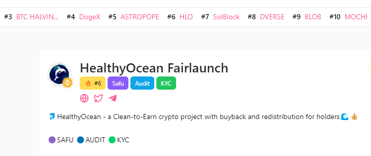 healthyoceanbsc's tweet photo. We're already trending in 6th place on #PinkSale, and the presale hasn't even started yet! 🚀🌊

#HealthyOcean #HLO #Crypto #Blockchain #Clean2Earn #EnvironmentalConservation #Defi #BinanceSmartChain #Cryptocurrency #Investment #CryptoNews #Safu #Reflection #NextGem #Next100x #CryptoGems #Altcoins #Moonshot #TokenHunters #CryptoInvesting #CryptoTrading #BSCgems #CryptoProjects