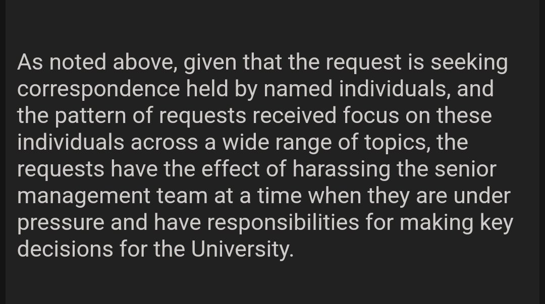 It seems that the pursuit of truth is officially 'vexatious,' according to @aberdeenuni Both of my FOI requests were rejected today, as I've apparently asked too many questions of senior management... Extraordinary.