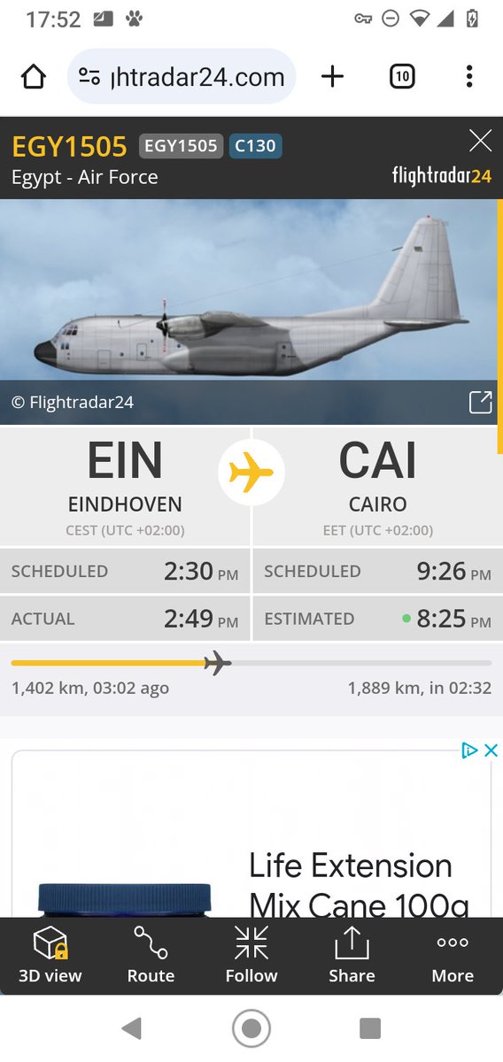 #Militaryaircraft #LockreedC130Hercules #EGY1505 of #EgyptianAirForce of #Egypt 🇪🇬 passed above coastal #Abruzzo in 23 April 2024 5.33 PM, take off from #Eindhoven in the #Netherlands 🇳🇱 at 2.49 PM and will land in #Cairo Airport at 8.25 PM. 
Other #humanitarianaids for #Gaza?