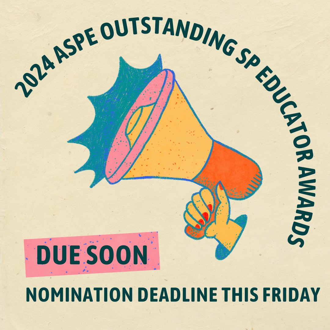 The time is now for you to nominate a worthy colleague or yourself for the 2024 ASPE Outstanding SP Educator Award or Emerging Leader Award! Nominations will be accepted until this Friday, 4/26/24. tinyurl.com/zfs8kym3