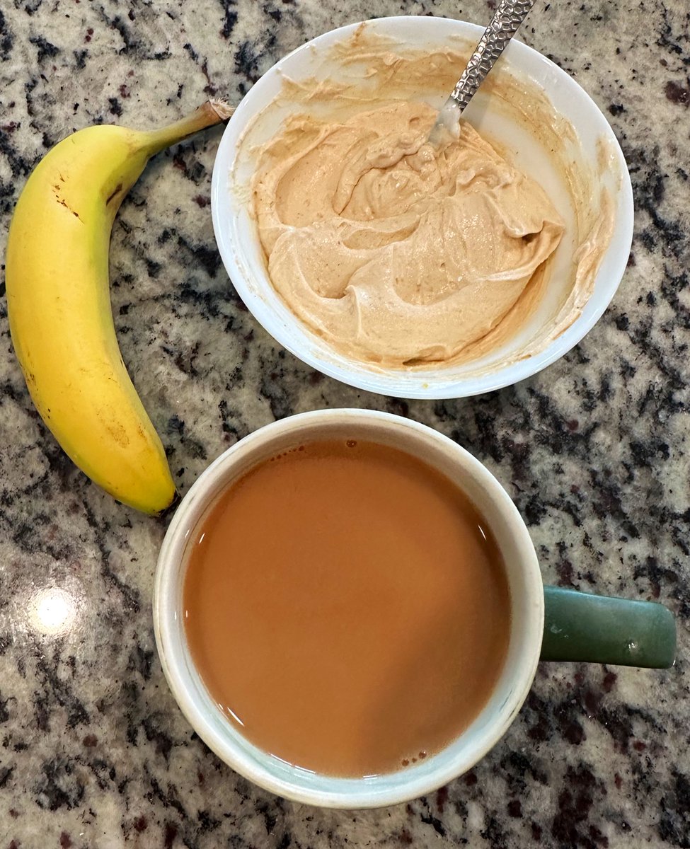 Appetite is back 🙌
I woke up quite hungry. 

Breakfast = Greek yogurt with peanut butter powder & honey. A banana. Tea with milk. 

I’m currently obsessed with this yogurt PB combo. Have you tried it? 

#breakfast #brekkie #apettite #peanutbutter #banana #cupoftea #milk #eating