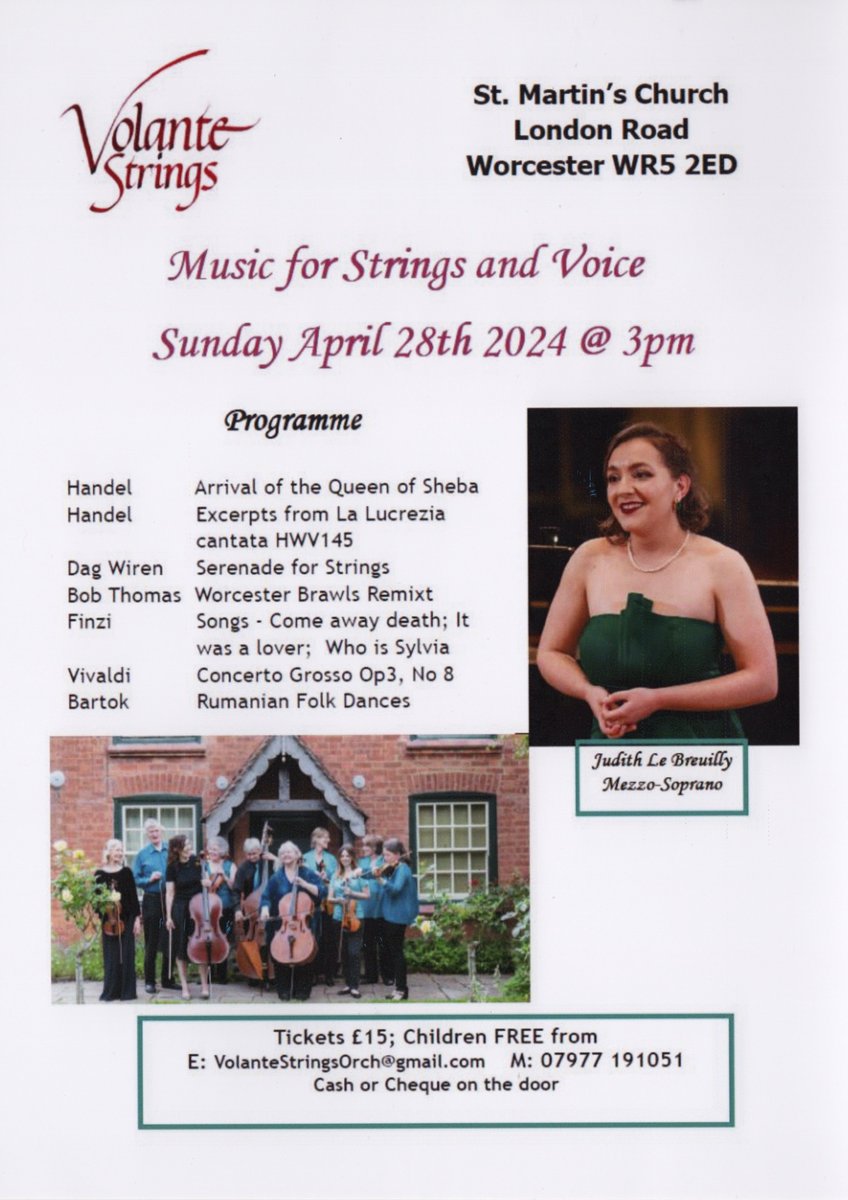 VolanteStrings's tweet photo. Don't miss our concert this coming Sunday at St. Martin's Church Worcester. Lovely music for Strings and Voice - what's not to enjoy? Bring your friends too 🙂🙂 https://t.co/9EQkv4Wjgv