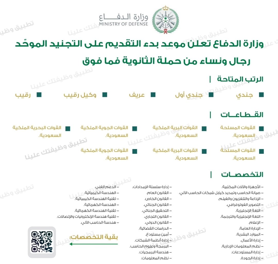 TubaaVelvet's tweet photo. وظائف عسكريه - الأحد القادم 

تعلن #وزارة_الدفاع عن فتح باب #التجنيد_الموحد للمرحلة القادمة 1446 فى القوات  (البرية، الجوية، البحرية، الدفاع الجوي)

▪️التقديم الأحد 1445/10/19
▪️الرتب : جندى - جندى اول  - عريف - وكيل رقيب - رقيب  
 تفضلو للتقديم ب٣٠ ريال https://t.co/W4J2GM7E3j