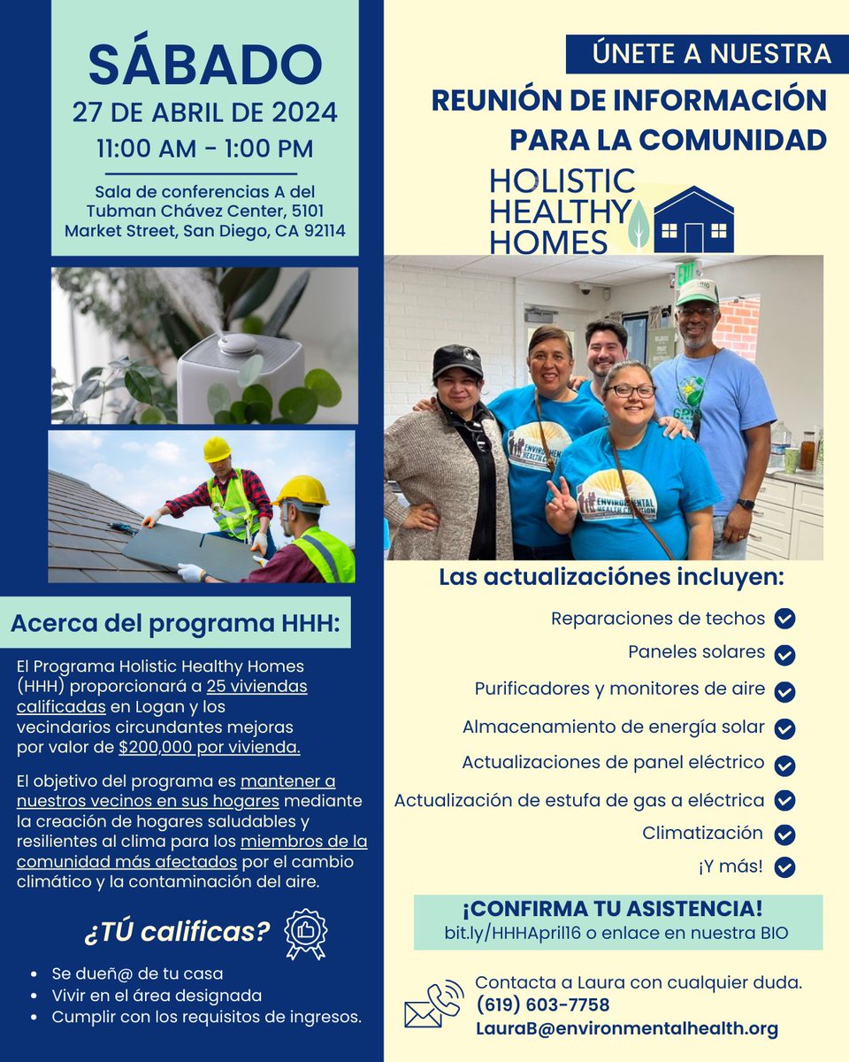 EHCSanDiego's tweet photo. The second Holistic Healthy Homes (HHH) community info session is coming up this Saturday!
Come by, learn about the HHH Program, and see if you qualify for up to $200,000 worth of #homeimprovements!

RSVP: https://t.co/4QAXtElhJ8

@urbancorps
@grid_sd https://t.co/SxJEiyppgw