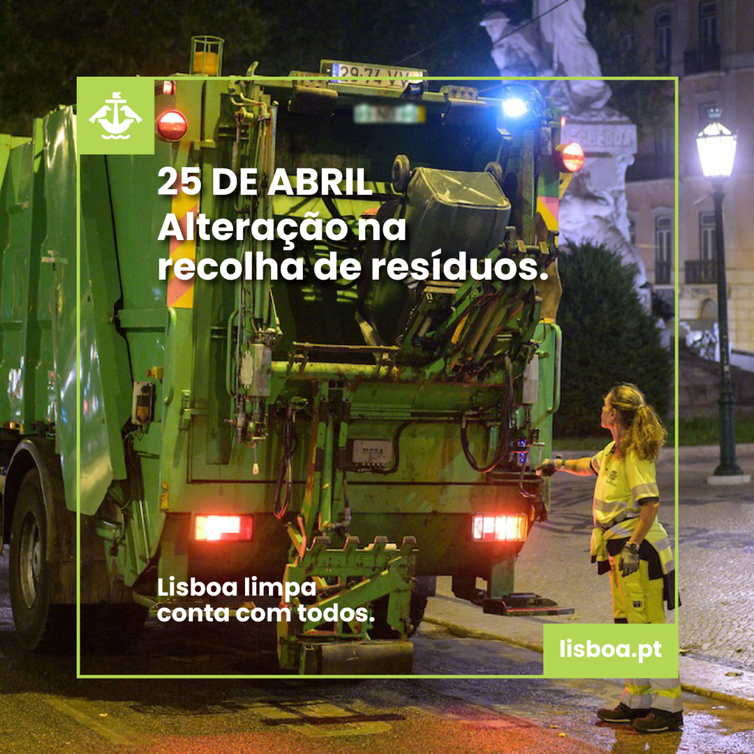 #Lisboa não terá recolha de resíduos na noite de 24 de abril e durante o dia 25.🌹 ⚠ Apelamos à colaboração de todos para que não coloquem os contentores na via pública durante estes dias.