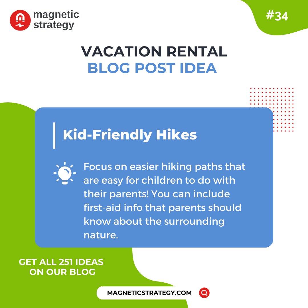 Focus on easier hiking paths that are easy for children to do with their parents! You can include tips about the surrounding nature.  

#vacationrentals #vacationrentalmanagers #vrm #shorttermrentals #propertymanagers #propertymanagement #blogging #contentideas