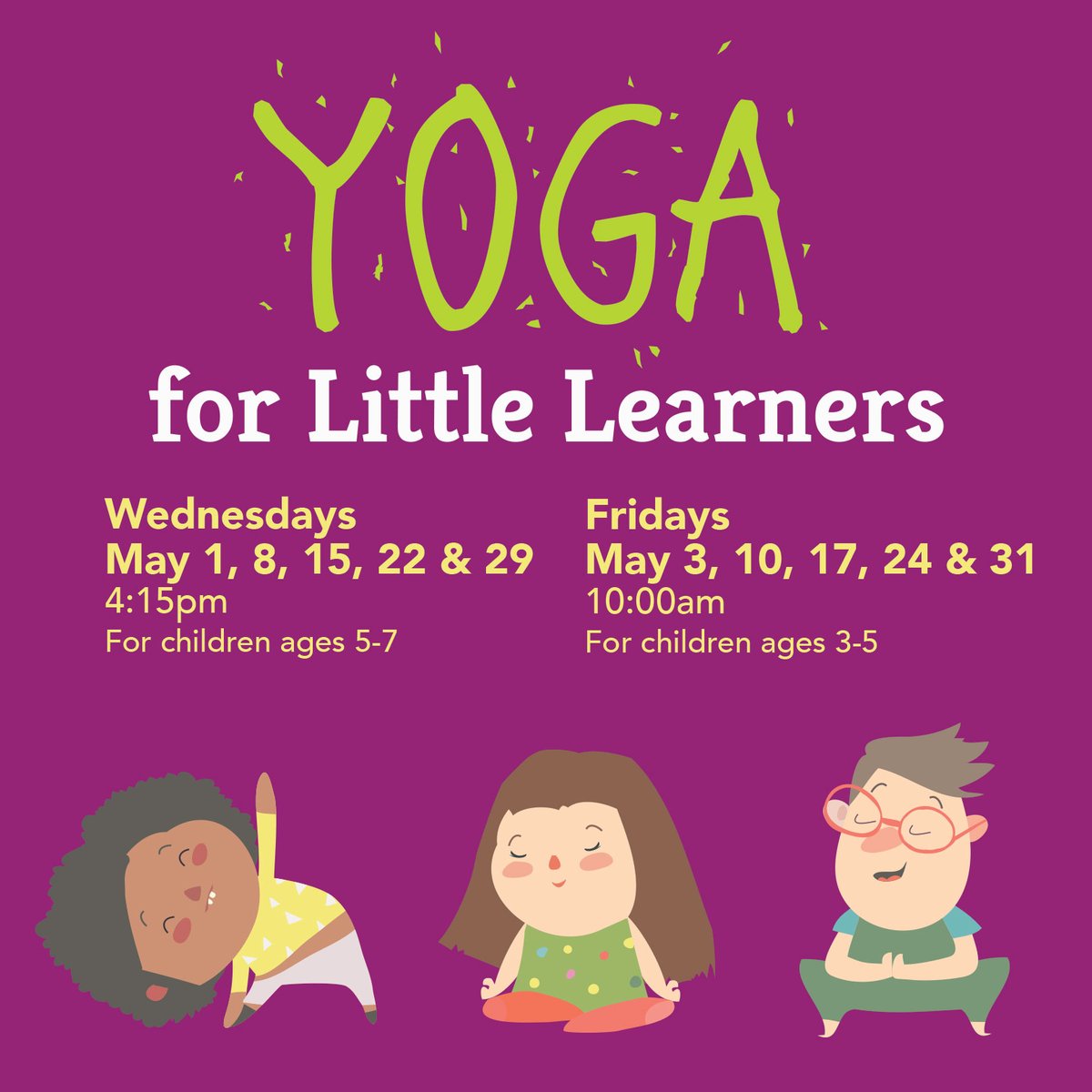 Yoga mats will be provided or feel free to bring your own! Registration is required. Register for one, some or all sessions!

Visit our website to register.

#yoga #yogaforlittlelearners #childrensprogram #hhﬂ #librariesrock