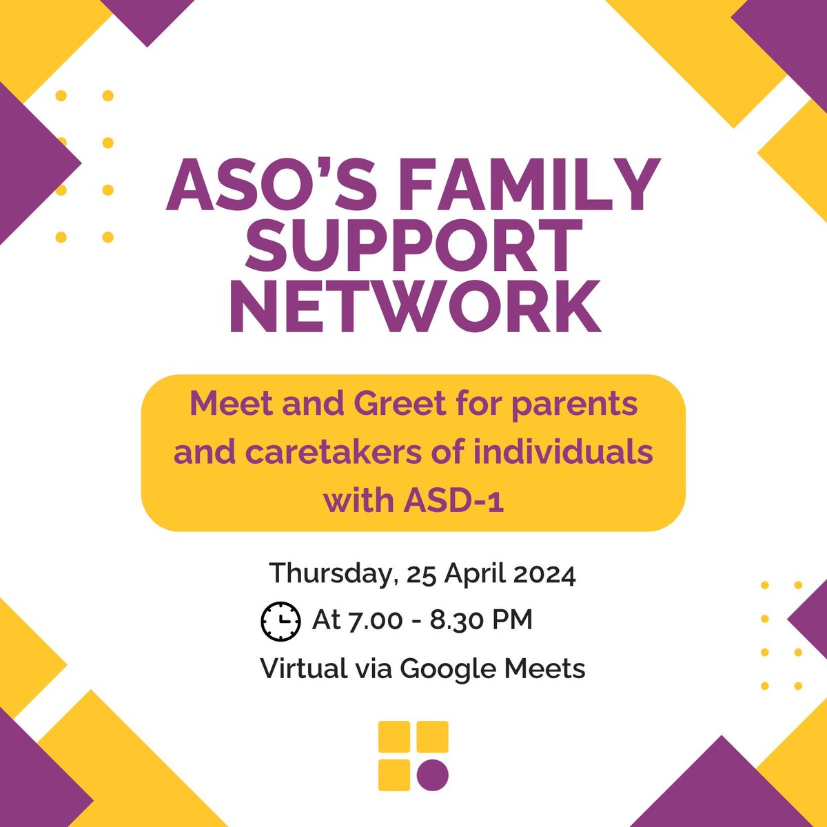 ASO's new New Family Support Network, is excited to announce our inaugural Meet and Greet event happening this Thursday! We welcome parents and caregivers of individuals with ASD-1 to join us by simply clicking on this link: buff.ly/4aGWYZx. See you then!