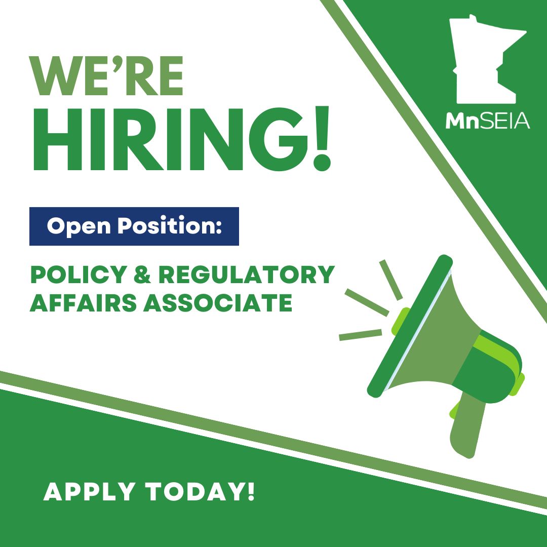 MnSEIA is #hiring! We're adding a Policy & Regulatory Affairs Associate to our team to advance #solar + storage initiatives in Minnesota. Join a dynamic industry and help shape the future of clean energy policy! See the job description at: buff.ly/43SsHVl #EnergyTwitter