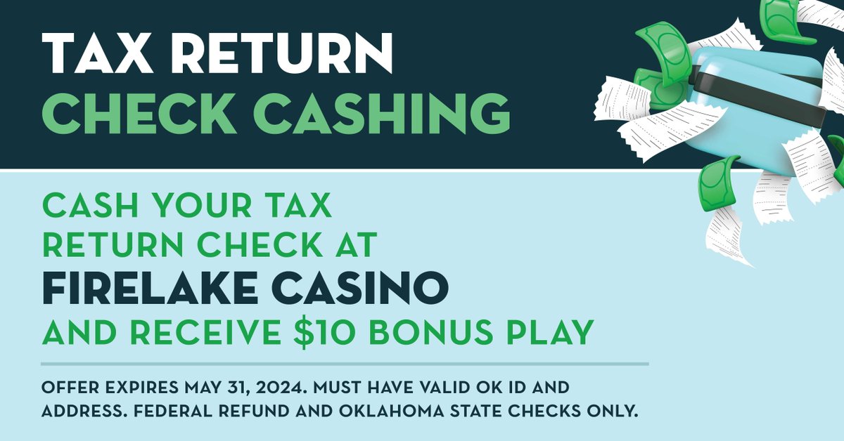Cash your tax return check at FireLake Casino and receive a $10 Bonus Play! #taxseason #firelakecasino