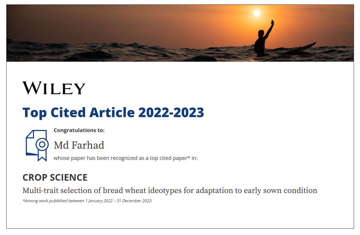 I am absolutely thrilled to share that our research work published in @crop_science   has been recognized as one of the top 10 most-cited papers! 
 A big thank you to everyone who has supported and contributed to this journey. @BISA__India @CIMMYT @uttam_bhu @Arunkum81057931