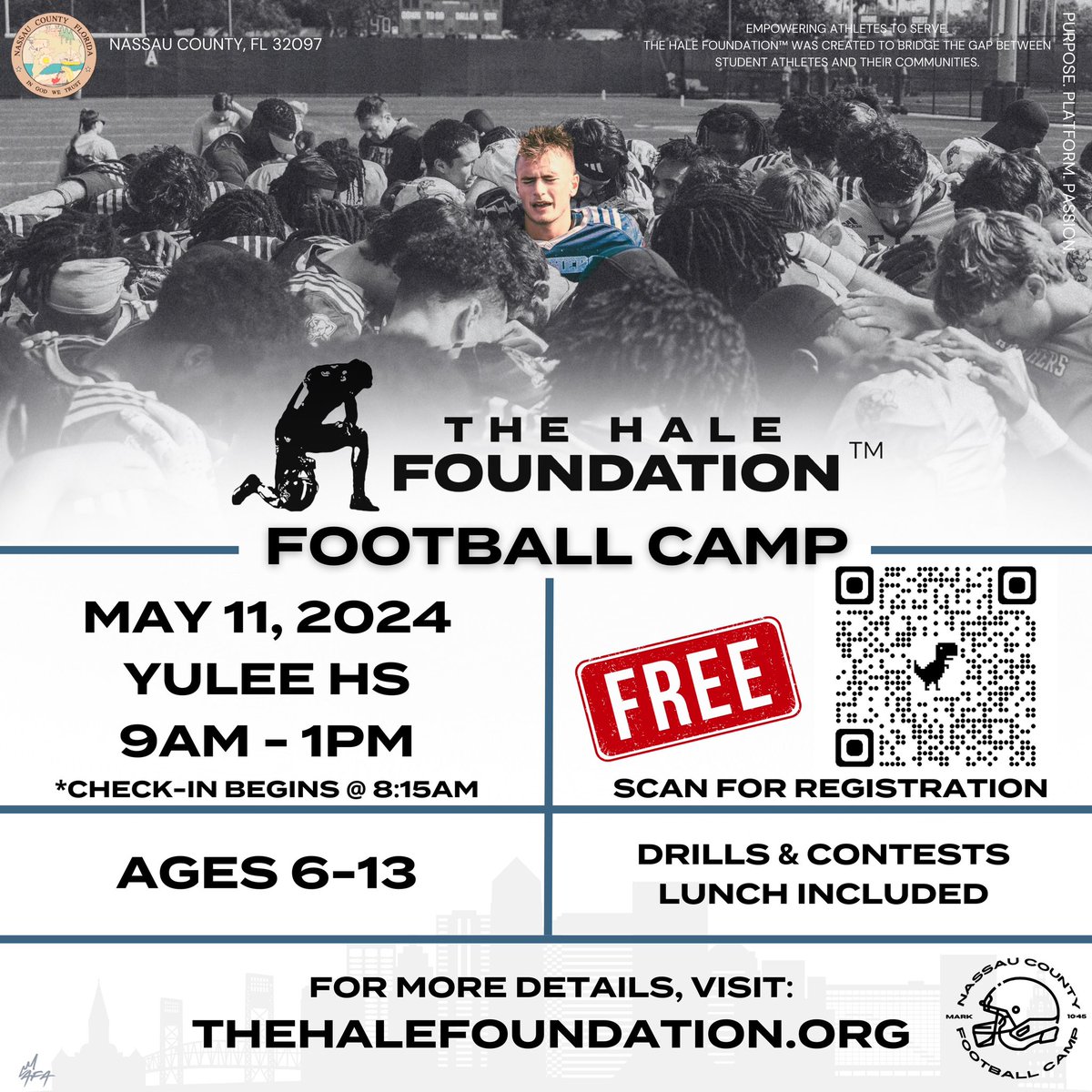 My friends and I are thrilled to be able to give back to our community and use our platform to invest in the next generation of athletes! We would love for your child to be there! Lunch, t-shirts, and prizes will be provided! @JustinBarneyTV @wjxt4 @YHS_HornetFB