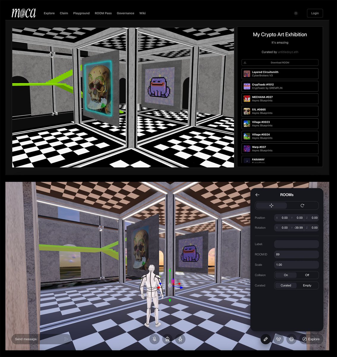 @FreakinFrick @natealexnft If you're looking for experiments in metaverse architecture - I'm biased but @MuseumofCrypto ROOMs are wildly advanced, interoperable 3D NFTs. 🏛️ each is a 3D museum 🖼️ MOCA dapp maps 2D NFTs to walls 🔗 curation stored on-chain 🌐 full museum can be streamed to @hyperfy_io