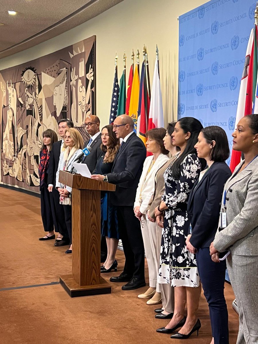 Addressing the press at the United Nations 🇺🇳 with #WPS Shared Commitment signatories before the Security Council session on Conflict Related Sexual Violence #CRSV as part of #Malta’s 🇲🇹 Presidency of the #UNSC.