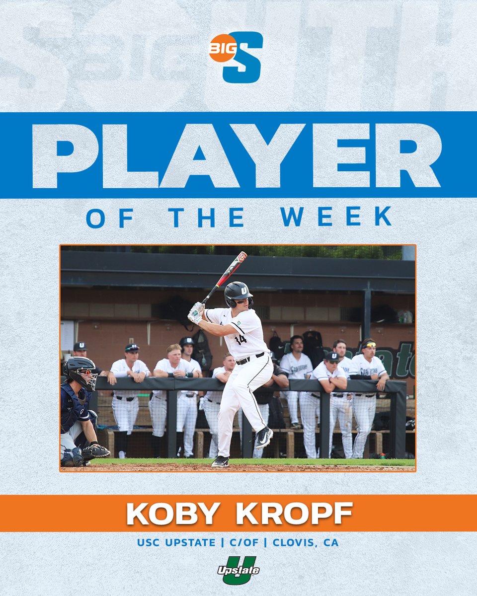 He batted .500 with 11 RBI, 3⃣ HR and 5 XBH to round out the week with a 1.188 slugging% 😳 @UpstateBSB's Koby Kropf is the #BigSouthBase Player of the Week!
