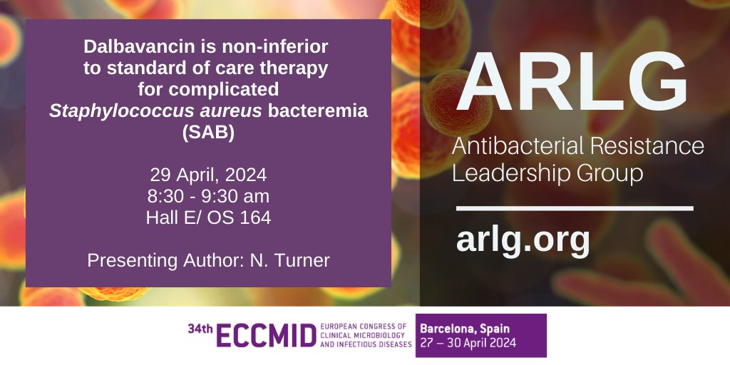 Check out the poster presentation by #ARLGNetwork member Nicholas A. Turner, MD, MHSc on the DOTS study – dalbavancin for complicated #staphylococcusaureus bacteremia – at #ESCMIDGlobal2024! @DukeAdultID #InfectiousDiseases