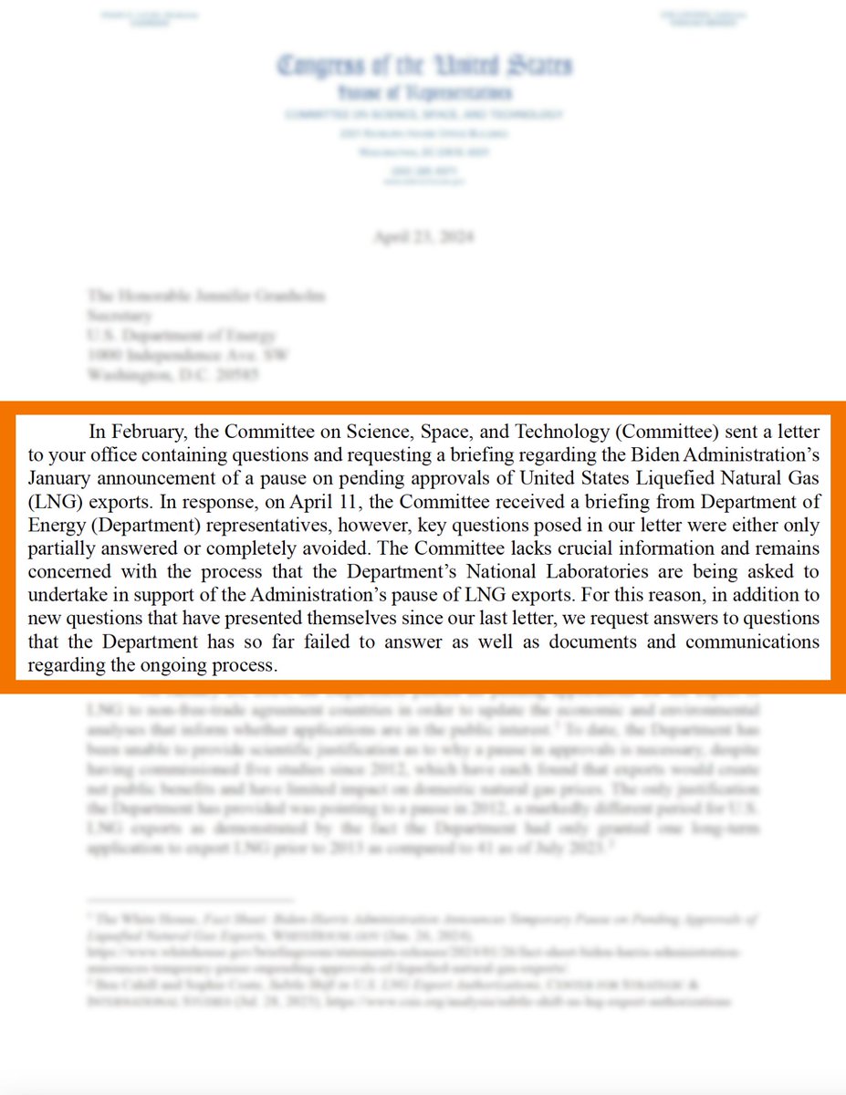 After receiving a briefing from DOE, committee members still have unanswered questions regarding the decision to pause approvals for the export of liquified natural gas. Read the full letter here: science.house.gov/press-releases…
