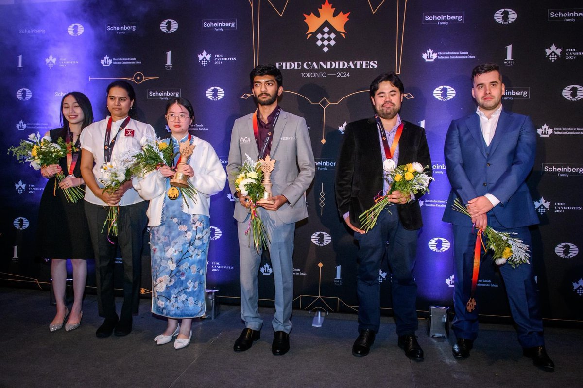 FIDE_chess's tweet photo. FIDE Candidates 2024: And it’s a wrap! 

The FIDE Candidates Tournament, which captivated audiences for three weeks, is in the books. The Closing Ceremony was held at 1 Hotel Toronto, the residence of the players for almost a month.

The champions, Gukesh D and Tan Zhongyi, were honored with unique trophies crafted from reclaimed Toronto wood, symbolizing their achievement and the enduring connection with the city they’ll carry home.

Read more 🔗 https://t.co/7tMJYc29gw
📷 Michal Walusza