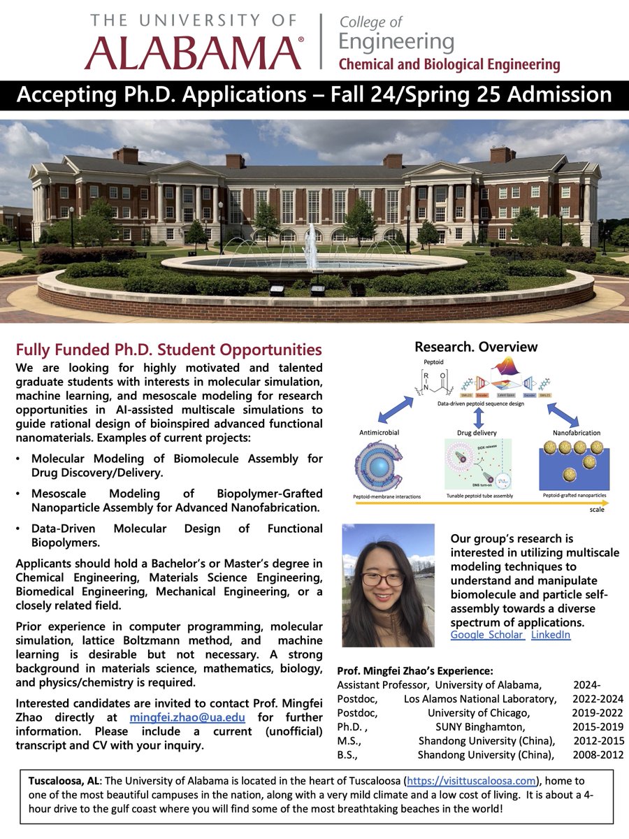 We are looking for motivated and talented graduate students interested in cutting-edge research at Multiscale Simulation and AI-Assisted Design of Advanced Biomaterials. Please email me with your CV and (unofficial) transcript if interested. #newPI #PhDposition
