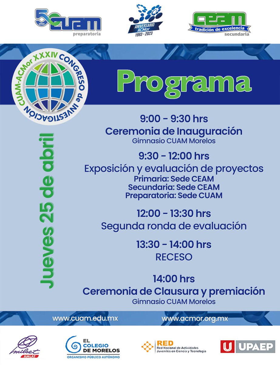 ACMor_Morelos's tweet photo. Tenemos una cita este 24 y 25 de abril en el XXXIV Congreso de Investigación #CUAM - #ACMor
Aquí les compartimos el programa 👇https://t.co/z0QNwFZmnl
📌 CUAM Morelos
#Ciencia #ACMor #InvestigaciónEducativa #JóvenesInvestigadores #Morelos https://t.co/ZruuLOW5hx