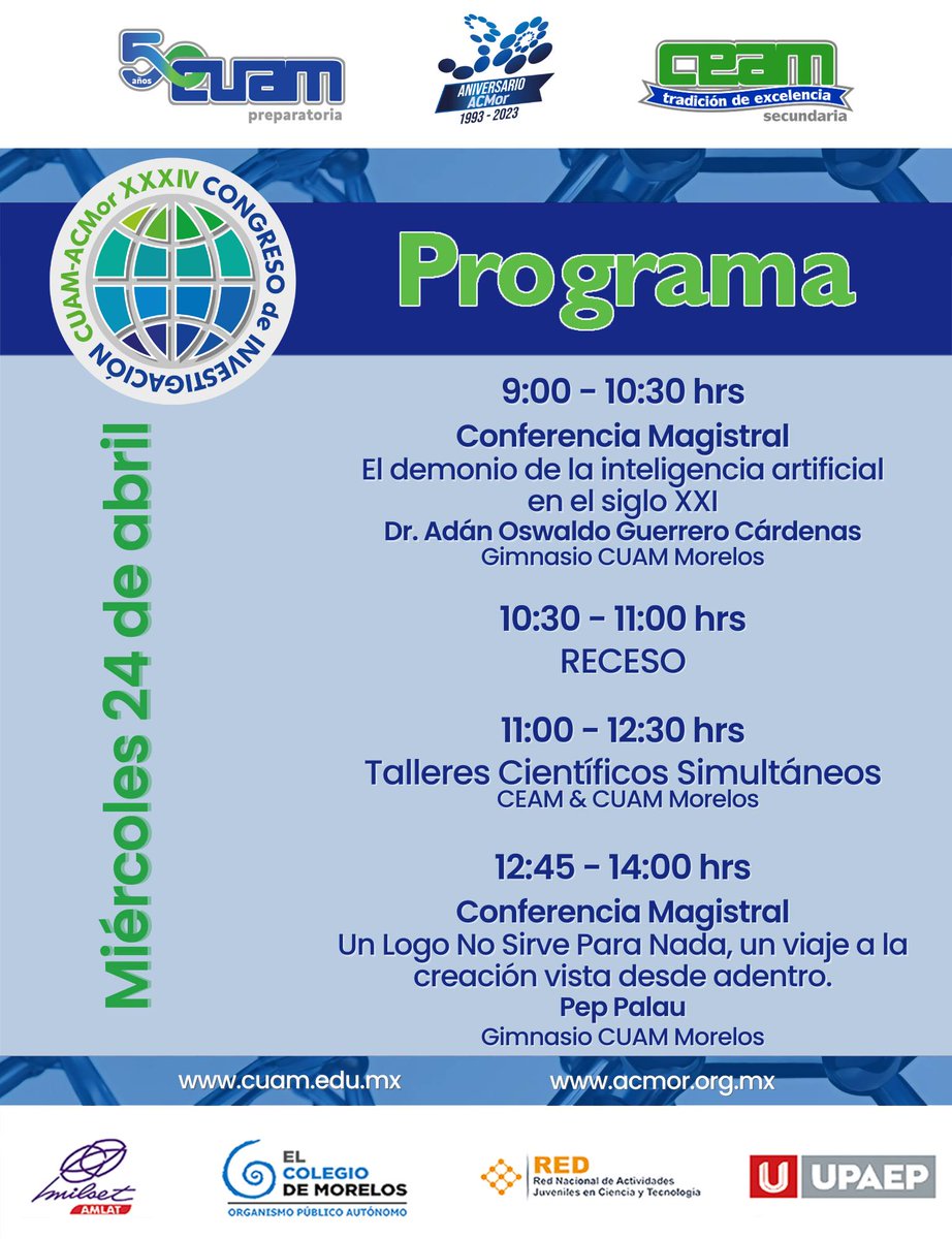 ACMor_Morelos's tweet photo. Tenemos una cita este 24 y 25 de abril en el XXXIV Congreso de Investigación #CUAM - #ACMor
Aquí les compartimos el programa 👇https://t.co/z0QNwFZmnl
📌 CUAM Morelos
#Ciencia #ACMor #InvestigaciónEducativa #JóvenesInvestigadores #Morelos https://t.co/ZruuLOW5hx