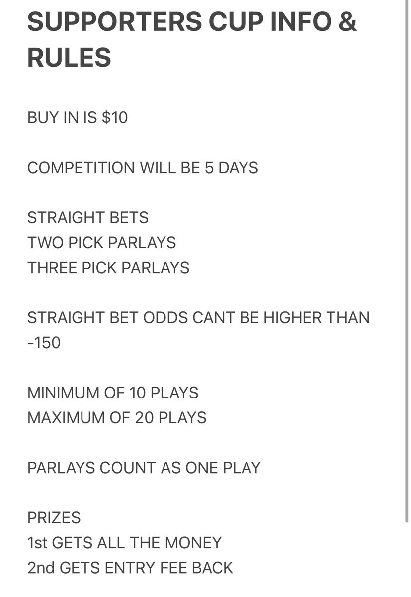 FreeBetsSupport's tweet image. Supporters Cup Tournament 

Starts Wednesday 4/24
$10 Entry 

DM IF YOU ARE INTERESTED 

#GamblingX