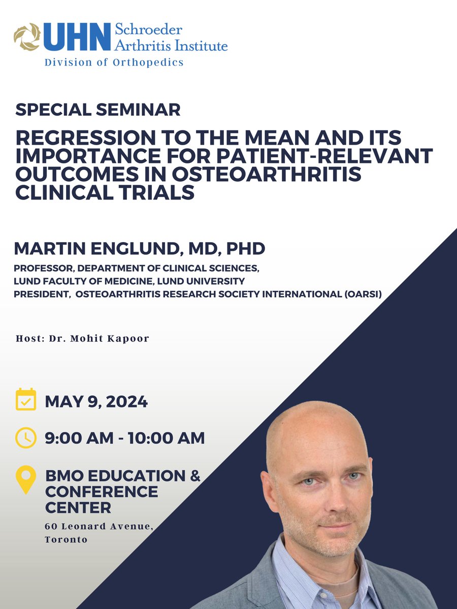 The Division of #Orthopedics @SchroederInst is hosting a Special Seminar on May 9, 2024, at 9-10am EST, by invited speaker Dr. Martin Englund, Professor at @lunduniversity and President of @OARSInews . To reserve your spot, please email Maryam.Gabrial@uhn.ca. Spots are limited!