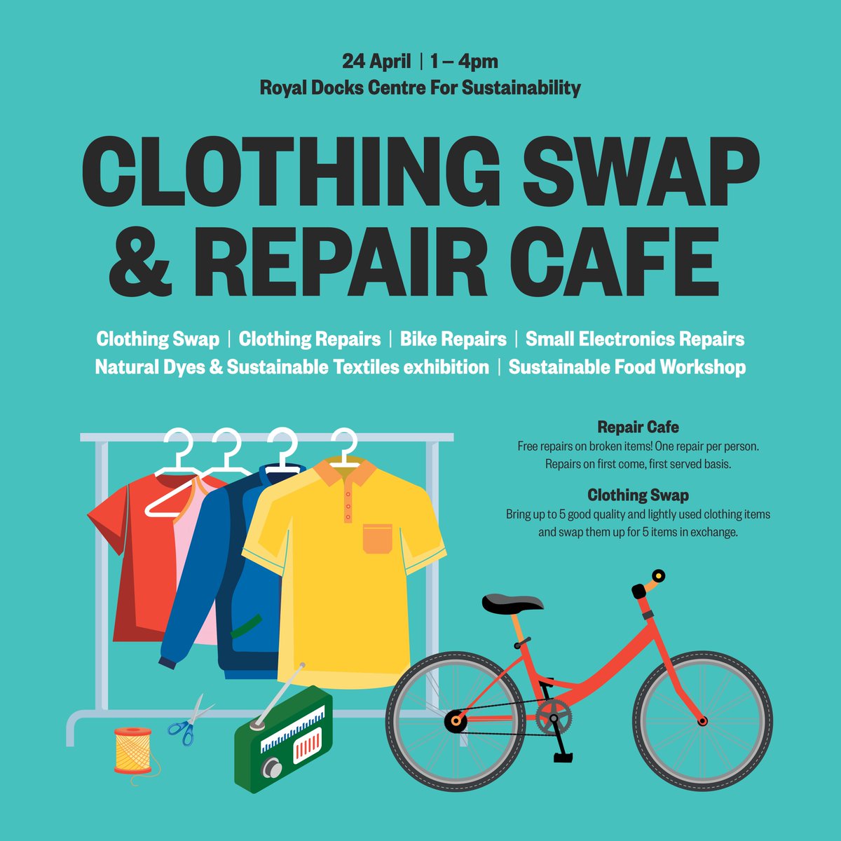 🌷🌼This week, welcome spring with a sustainable refresh at @UEL_News Clothing Swap & Repair Cafe event! ♻️ ℹ️Wednesday 24 April ⏰1-4pm 📍Royal Docks Centre for Sustainability, University Way E16 2RD ✨Open to all ✨