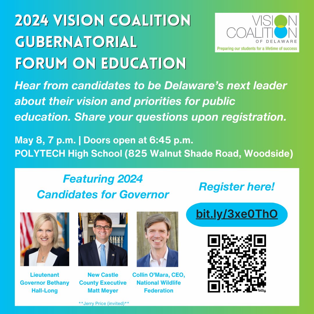 What questions do you have about education for the candidates to be Delaware's next governor? Register today for the 2024 Gubernatorial Candidate Forum on Education and submit your questions. Join us on 5/8! bit.ly/4b5S6wV @bethanyhalllong, @MattMeyerDE, @omaraforde