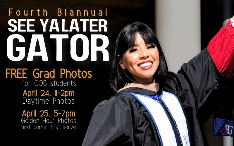 Graduating Gators 🎓, come and check out valuable resources, grab coffee, get a free headshot, and sign up for a spot to get a free photoshoot session the following days.👋 🐊 Happening 11 a.m.-2 p.m., April 23 and 24, and 5 p.m.-7 p.m., April 25 on the MDCOB deck!