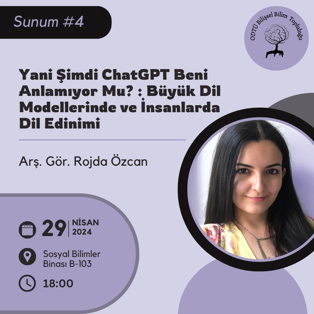 Öğrenci sunumları serimizin dördüncü etkinliğinde, ODTÜ Bilişsel Bilim doktora öğrencisi ve aynı zamanda bu bölümde araştırma görevlisi olan Rojda Özcan, büyük dil modellerinde ve insanlarda dil edinimi hakkında konuşuyor olacak! 🧠

Görüşmek üzere! ✨