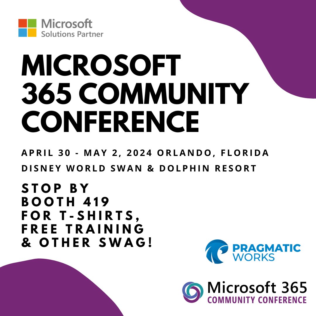 PragmaticWorks's tweet image. The Microsoft 365 Community Conference is next week! Visit us at Booth 419, where Devin Knight, Manuel Quintana, and others will be eager to meet you! Don't miss out on our awesome Learn With The Nerds t-shirts and exclusive swag! See you there! #PragmaticWorks #MicrosoftPartner