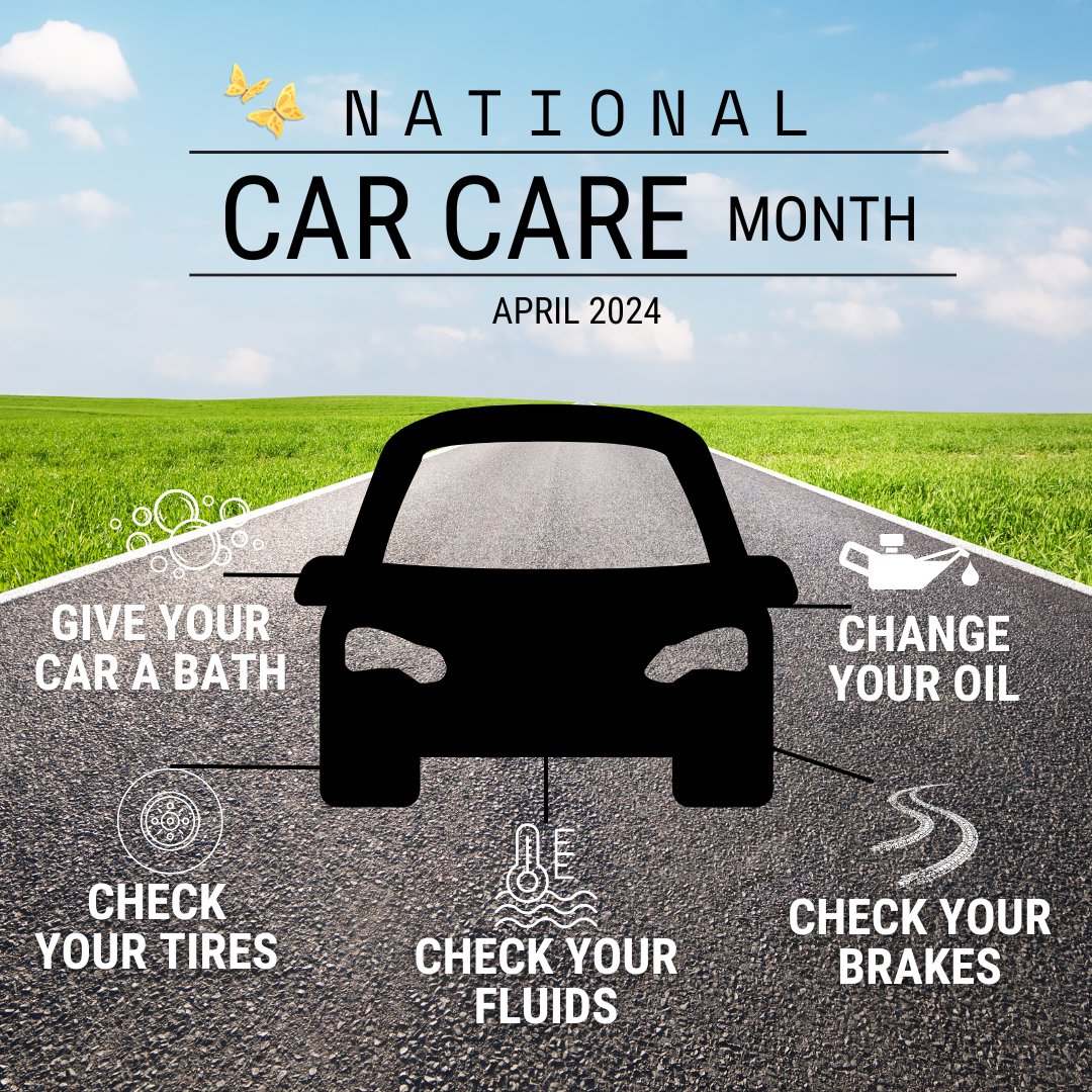 It's National Car Care Month! 🚘 After months of salt and grime build up over the winter, your car needs a nice bath. It's also a good time to: ✔️ check your tires. ✔️ check fluids and brakes. ✔️ change your oil.