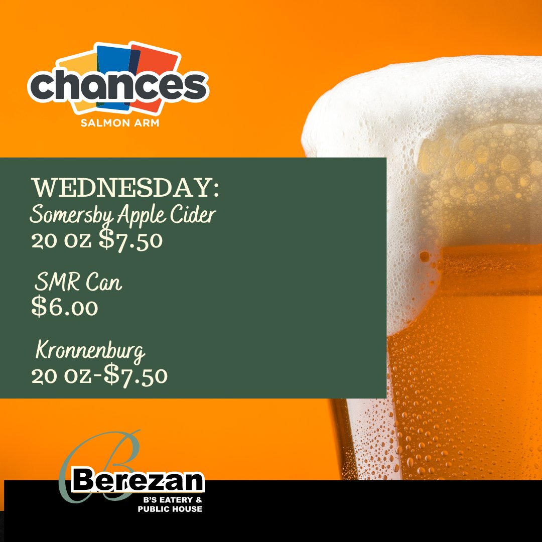 Mid-week cravings? Stop by Chances Salmon Arm on Wednesdays and enjoy some of our delicious drink features! Cheers 🍻 #WednesdayDeals