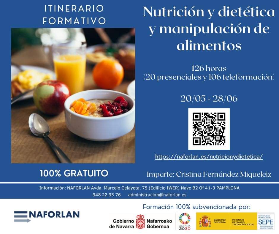 NaforlanNavarra's tweet photo. Formación 100% subvencionada dirigida prioritariamente a personas ocupadas (máx 30% desempl.)

🎓 Nutrición y dietética y manipulación de alimentos
⏳ 126 h. (106 teleformación y 20 presenciales)
📅 20/05-28/06

Imparte: Cristina Fernández Miqueleiz

Info: https://t.co/eseG9nvELc https://t.co/WvouLsw7pB