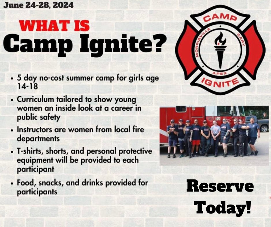 Looking for a summer camp that empowers young women? Apply for Camp Ignite and immerse yourself in a transformative experience led by women firefighters, covering essential skills like firefighting, first aid, and wellness. Learn more at bit.ly/49Bi3n4