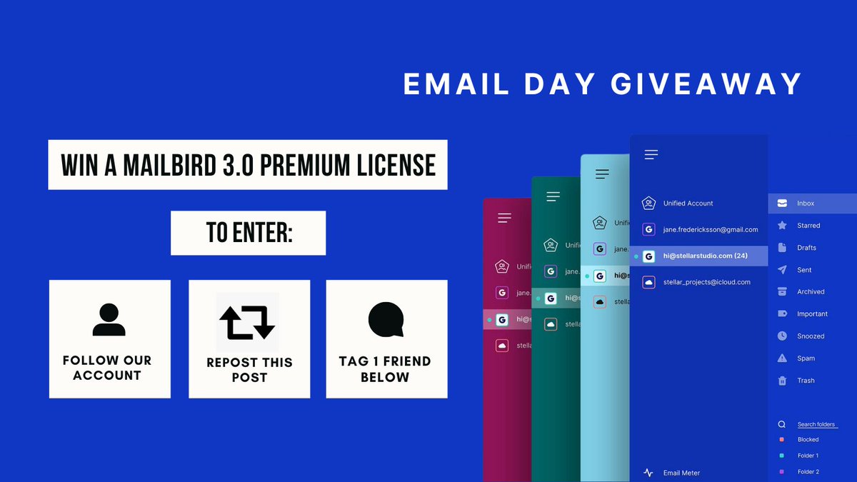 mailbird's tweet photo. Did you know that today is #EmailDay? 💌 We're spreading the love with a Mailbird 3.0 Premium license giveaway! 🎁

To enter:
1️⃣ Follow us
2️⃣ Repost this post
3️⃣ Tag 1 friend below

The winner will be announced on April 29th. Best of luck! https://t.co/tVYonyFjdR