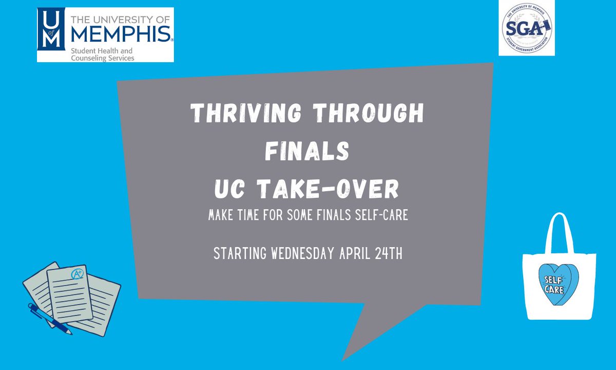 We will be passing out Final's Care Packets for Finals starting 04/24/2024-Until all are gone. After 4/24/2024 please check with the info Desk for a packet.  Then stop by the UC RZ for a bit of relaxation!  memphis.campuslabs.com/engage/event/1…