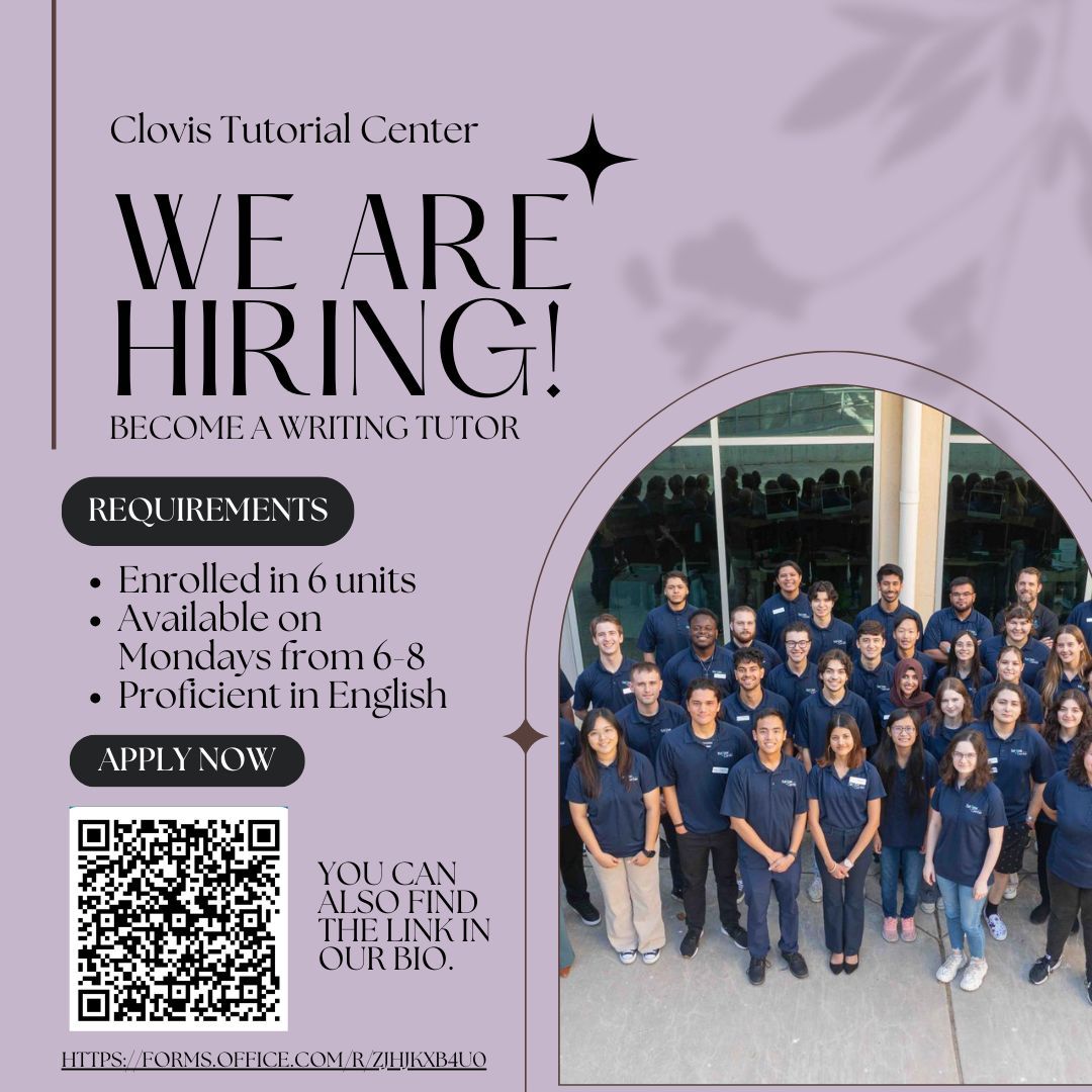 Want to become a writing tutor?

The Tutorial Center is hiring right now, so make sure you get your application in before April 30th! You can scan the QR code or click the link in our bio to access the application.

#hiring #clovistutorialcenter #cloviscommunitycollege